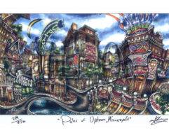 Colorful, detailed illustration of a fictional cityscape featuring whimsical buildings, bridges, and waterways, titled "pubs of optunia, minneapolis.