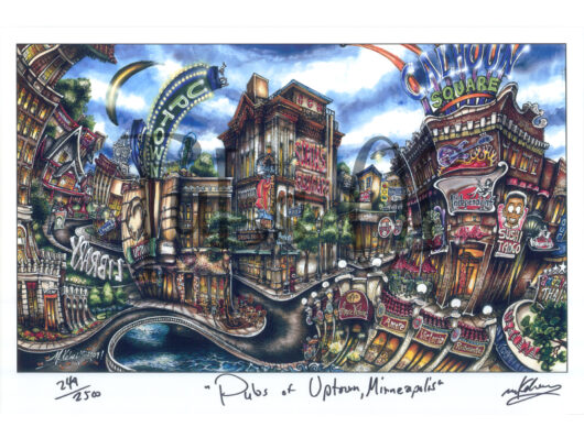 Colorful, detailed illustration of a fictional cityscape featuring whimsical buildings, bridges, and waterways, titled "pubs of optunia, minneapolis.