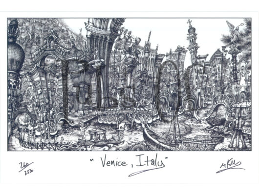 Intricately detailed black-and-white sketch of venice, italy, featuring iconic architecture and gondolas on a canal.