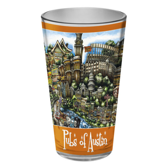 A colorful illustrated pint glass, perfect as a gift, with a detailed cityscape labeled "pubs of Austin" surrounded by orange and white stripes.