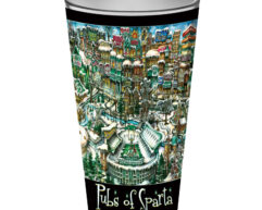 Decorative cup featuring a colorful illustration of the "pubs of Sparta" with various buildings and snowy streets, perfect as a unique gift.