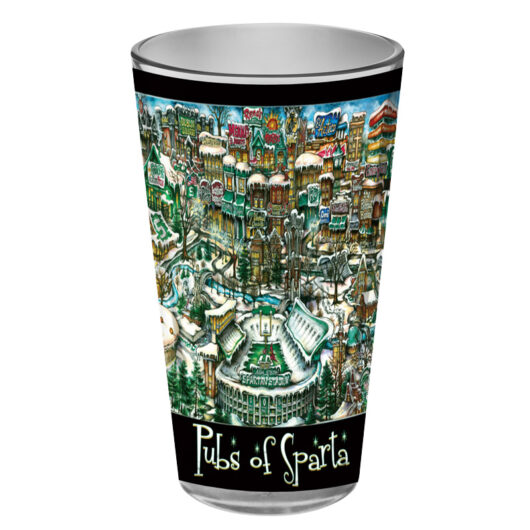 Decorative cup featuring a colorful illustration of the "pubs of Sparta" with various buildings and snowy streets, perfect as a unique gift.