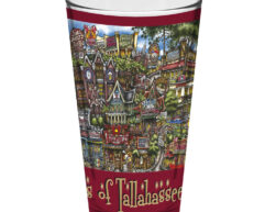 A colorful souvenir cup featuring vibrant, detailed illustrations of tallahassee landmarks and cultural icons.