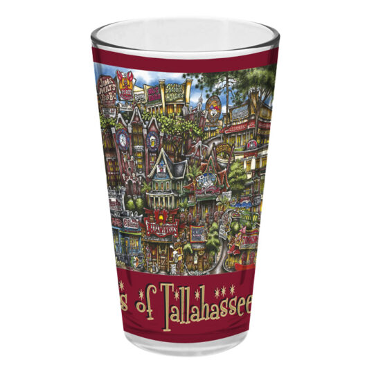 A colorful souvenir cup featuring vibrant, detailed illustrations of tallahassee landmarks and cultural icons.