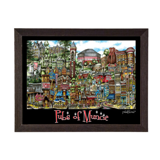 Framed artwork depicting a colorful, whimsical illustration of various Ball State-area pubs and buildings titled "pubsOf Muncie, IN poster.