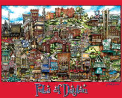 Illustrative poster featuring a colorful montage of various pubs and landmarks from pubsOf Dayton, OH poster, labeled with their names in a whimsical, detailed style.