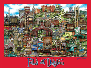 Illustrative poster featuring a colorful montage of various pubs and landmarks from pubsOf Dayton, OH poster, labeled with their names in a whimsical, detailed style.