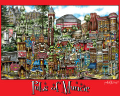 Illustration of various landmarks and streets in Muncie, Indiana, featuring vibrant colors and a whimsical, detailed style, with subtle tributes to the pubsOf Dayton, OH poster.
