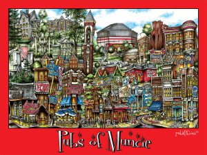 Illustration of various landmarks and streets in Muncie, Indiana, featuring vibrant colors and a whimsical, detailed style, with subtle tributes to the pubsOf Dayton, OH poster.