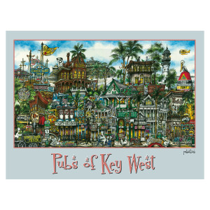 Colorful illustration of various pubs in pubs Of Key West, FL, featuring detailed, whimsical representations of iconic buildings and signs.