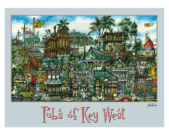 Colorful illustration of various pubs in pubs Of Key West, FL, featuring detailed, whimsical representations of iconic buildings and signs.