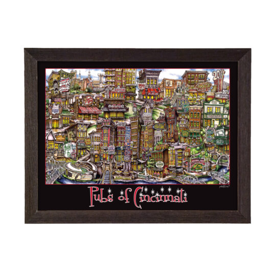 A framed artistic depiction titled "pubsOf Cincinnati, OH," illustrating colorful, stylized buildings representing various bars and pubs in Cincinnati.