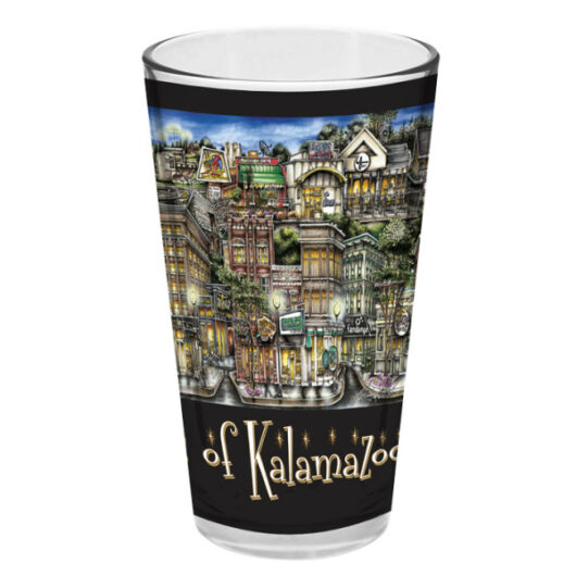 Decorative souvenir glass featuring a colorful illustration of Grand Rapids cityscape with prominent buildings and signage, labeled “pubsOf Grand Rapids” at the bottom.