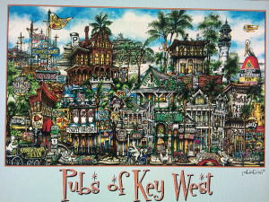 Illustration of pubsOf Key West, FL featuring vibrant, detailed depictions of historic buildings, bicycles, and colorful signs.