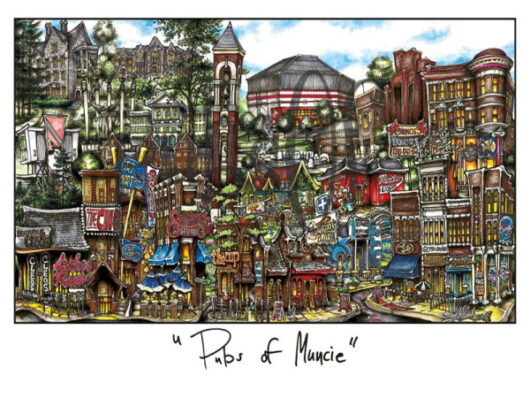 Illustration titled "pubs of muncie" depicting a colorful, detailed streetscape with various stylized buildings and pub signs.