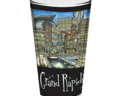 A pubsOf Grand Rapids, MI Pint Glass featuring a colorful, detailed illustration of grand rapids, including buildings and a bridge, with the city's name at the bottom.