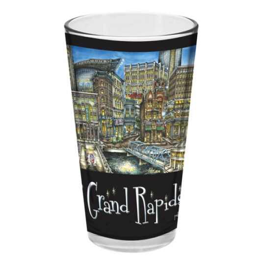 A pubsOf Grand Rapids, MI Pint Glass featuring a colorful, detailed illustration of grand rapids, including buildings and a bridge, with the city's name at the bottom.