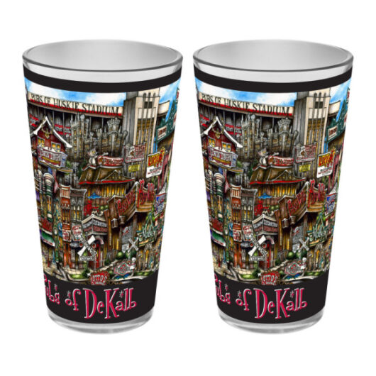 Two pubsOf Dekalb, IL pint glass sets decorated with colorful, detailed illustrations of a bustling cityscape and landmarks, labeled with "city of dekalb.