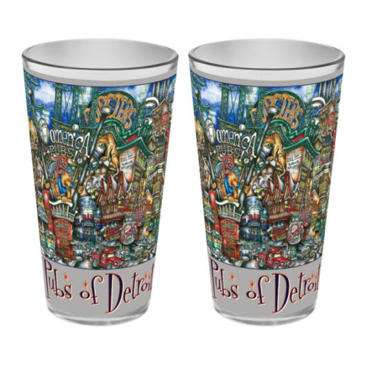 Two pubsOf Detroit, MI pint glass sets decorated with colorful, detailed illustrations of Detroit's pubs and urban scenery.