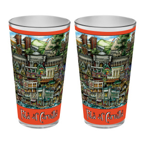 Two matching mugs featuring a colorful, detailed illustration of a fictional town labeled "pubs of Corvallis, OR," with vibrant rooftops and bustling streets.