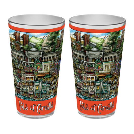 Two matching mugs featuring a colorful, detailed illustration of a fictional town labeled "pubs of Corvallis, OR," with vibrant rooftops and bustling streets.