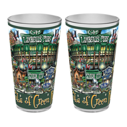 Two pubsOf Green Bay, WI pint glass sets with colorful illustrations of a pub called "lambeau's pubs" and scenes of a stadium and cityscape, labeled "stadium view" and "pubs of green bay.