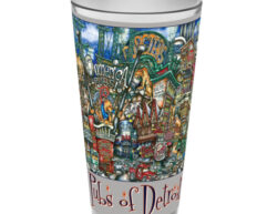 A cylindrical drinking glass with vibrant illustrations showcasing various iconic pubs of Detroit, MI, featuring detailed, colorful artwork and text.