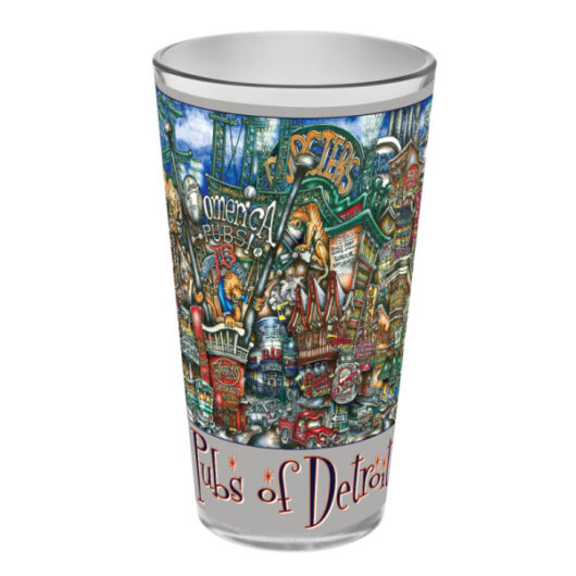 A cylindrical drinking glass with vibrant illustrations showcasing various iconic pubs of Detroit, MI, featuring detailed, colorful artwork and text.