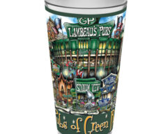 A decorative pubsOf Green Bay, WI pint glass set featuring colorful illustrations of various pubs and bars with the text "pubs of green bay" around the top and bottom edges.