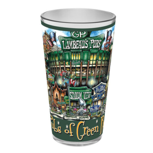 A decorative pubsOf Green Bay, WI pint glass set featuring colorful illustrations of various pubs and bars with the text "pubs of green bay" around the top and bottom edges.