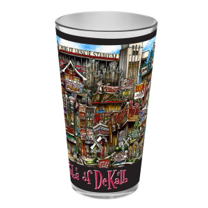A colorful, illustrated pubsOf Dekalb, IL pint glass sets featuring detailed, vibrant artwork of urban street scenes and buildings with the text "land of dekalb" at the bottom.