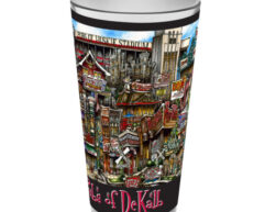 A colorful, illustrated pubsOf Dekalb, IL pint glass sets featuring detailed, vibrant artwork of urban street scenes and buildings with the text "land of dekalb" at the bottom.