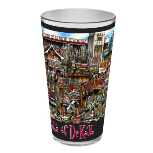 A colorful, illustrated pubsOf Dekalb, IL pint glass sets featuring detailed, vibrant artwork of urban street scenes and buildings with the text "land of dekalb" at the bottom.
