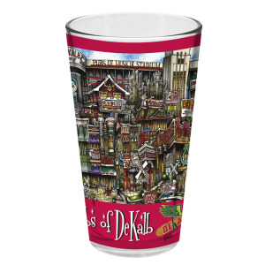 A colorful, illustrated pubsOf Dekalb, IL pint glass set featuring various landmarks and iconic symbols of dekalb.