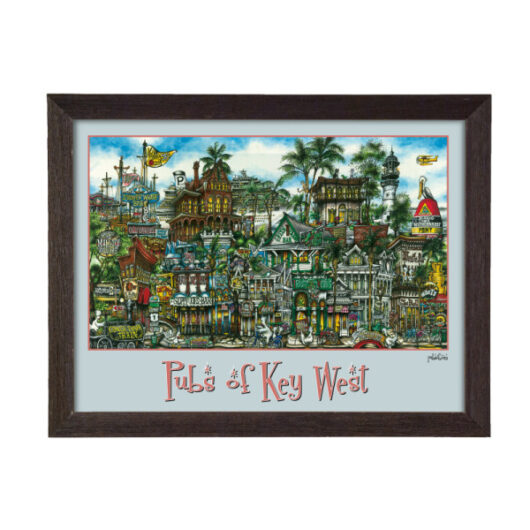 Framed art print depicting a colorful, detailed illustration of various pubs in key west, titled "pubs of key west" by the artist.