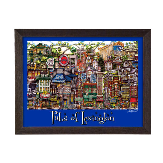 Colorful illustrated artwork in a frame, featuring a vibrant and detailed depiction of the pubsOf Lexington, KY poster.