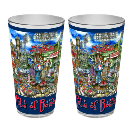 Two identical pubsOf Boston, MA souvenir glasses featuring colorful illustrations of boston's famous pubs and landmarks, with "enjoy historic boston" and "pubs of boston" text.