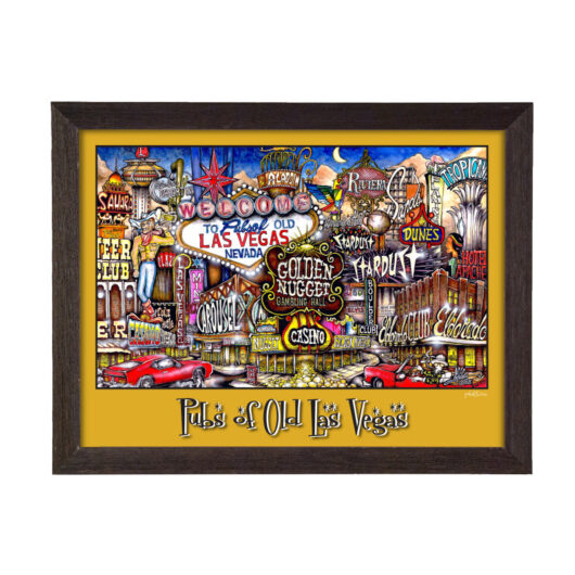 Framed artwork depicting a colorful, nostalgic portrayal of vintage las vegas with iconic neon signs and classic cars.