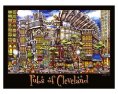 Colorful illustration showcasing a lively street scene with various pubs and buildings in Cleveland, labeled "pubsOf Cleveland, OH" at the bottom.