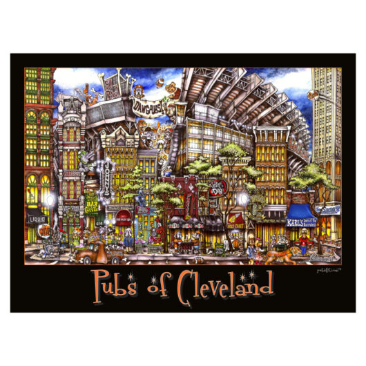 Colorful illustration showcasing a lively street scene with various pubs and buildings in Cleveland, labeled "pubsOf Cleveland, OH" at the bottom.