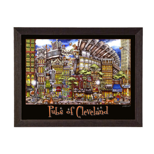 Framed artwork displaying a vibrant, colorful illustration of various pubsOf Cleveland, OH with detailed architectural elements and signage.