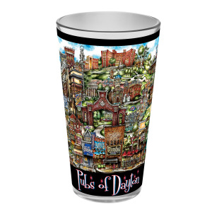 A colorful pubsOf Dayton, OH pint glass set decorated with vibrant, detailed illustrations of various pubs and landmarks in Dayton.