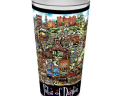 A colorful pubsOf Dayton, OH pint glass set decorated with vibrant, detailed illustrations of various pubs and landmarks in Dayton.