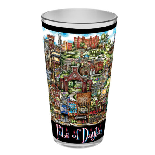 A colorful pubsOf Dayton, OH pint glass set decorated with vibrant, detailed illustrations of various pubs and landmarks in Dayton.