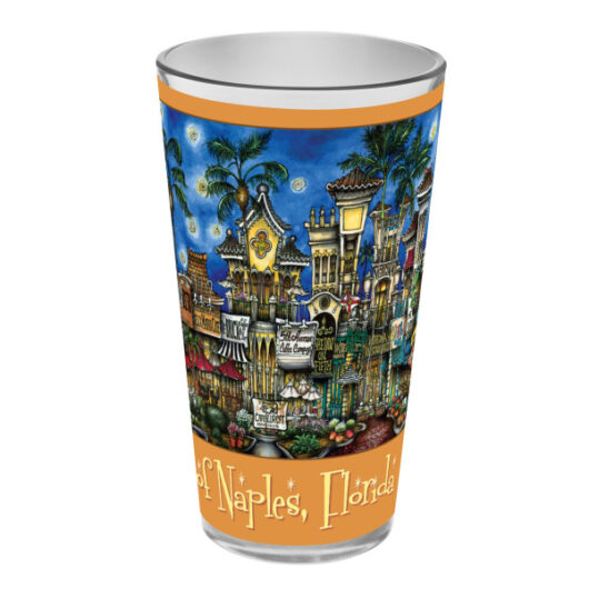 Colorful souvenir cup depicting artistic scenes of naples, florida, with vibrant illustrations of local architecture and tropical plants.