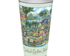 Decorative glass featuring colorful illustrations of sanibel captiva islands, showcasing beaches, boats, and buildings.