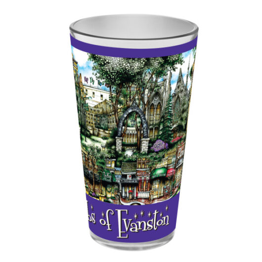 A souvenir cup with detailed illustrations of evanston's landmarks, featuring greenish and purple hues with text saying "sights of evanston" at the bottom.