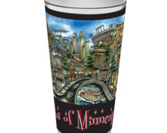 A decorative cup illustrated with vibrant, detailed artwork of a fictional cityscape titled "kings of minneapolis.