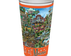 A colorful souvenir cup featuring vibrant illustrations of miami landmarks and tropical scenery with "city of miami" text.