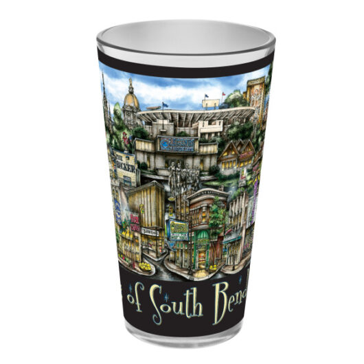 A decorative souvenir cup featuring colorful, detailed illustrations of south bend landmarks and street scenes.